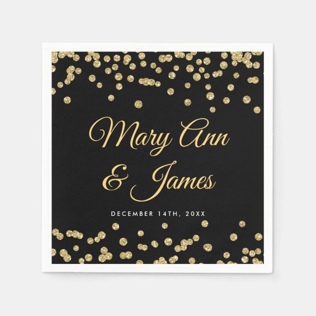 Elegant Wedding Gold Faux Glitter Confetti Black Napkin (Front)