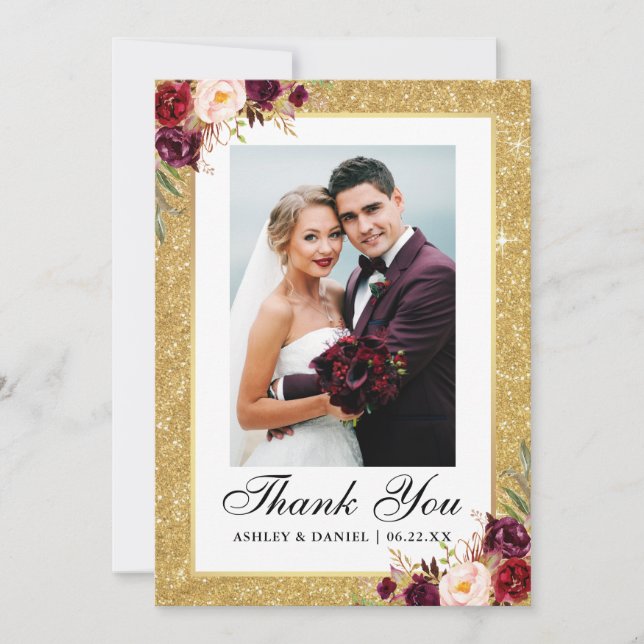 Elegant Wedding Gold Glitter Burgundy Floral Photo Thank You Card (Front)