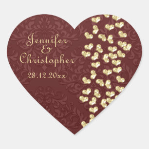 Elegant wedding Gold love hearts and red damask Heart Sticker