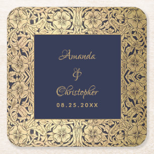 Elegant Wedding Gold Navy Blue Vintage Wild Roses Square Paper Coaster