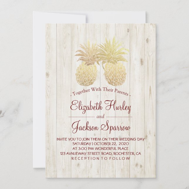 Elegant Wedding Gold Pineapple Couple Rustic Wood Invitation (Front)