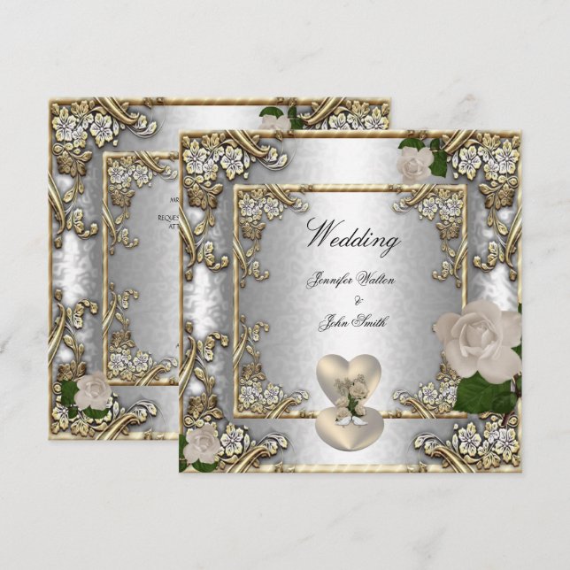 Elegant Wedding Gold Rose Silver White Invitation (Front/Back)