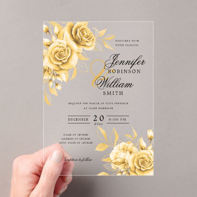 Elegant Wedding Gold Roses Floral Theme Acrylic Invitations (Insitu (Handheld))