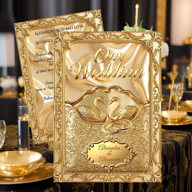 Elegant Wedding Golden Swans Rings Gold Diamonds Invitation (Creator Uploaded)