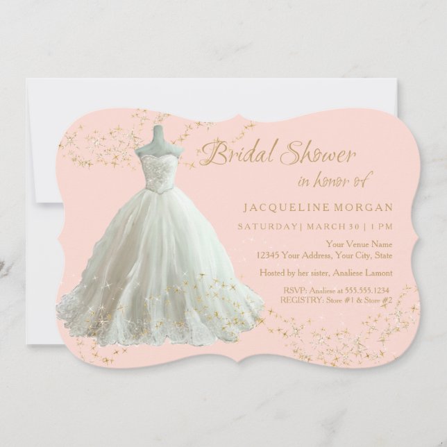 Elegant Wedding Gown Gold Sparkle Bridal Shower Invitation (Front)