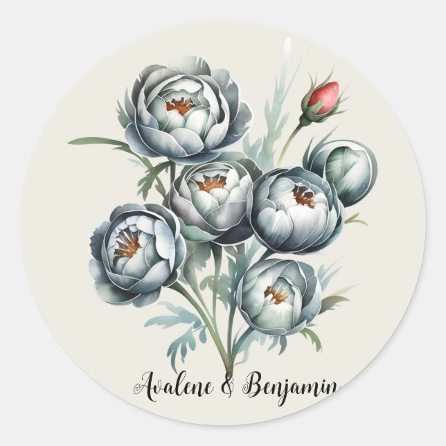 Elegant Wedding Green and Grey Bouquet Classic Round Sticker (Front)