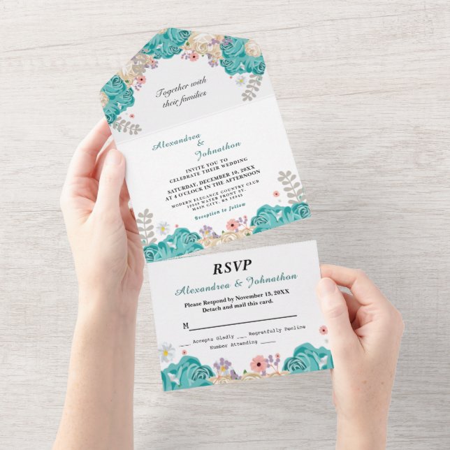 Elegant Wedding Green Beige Roses Flowers All In One Invitation (Tearaway)