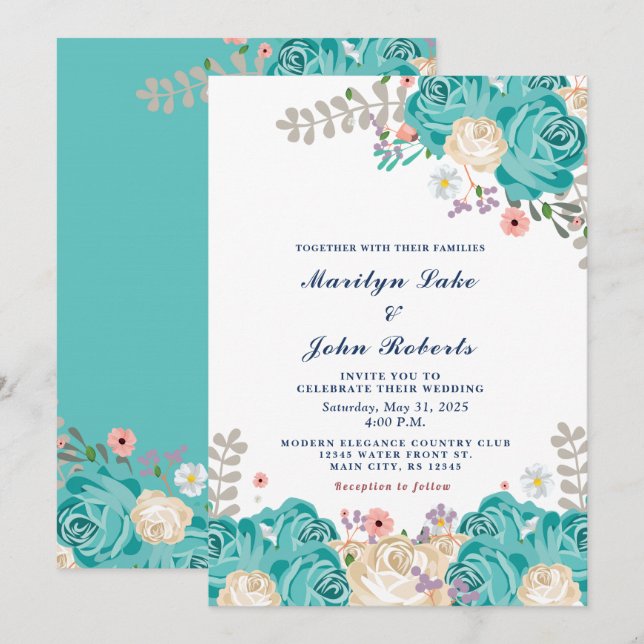 Elegant Wedding Green Beige Roses Flowers Invitation (Front/Back)