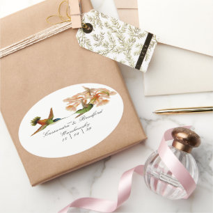 Elegant Wedding Green Hummingbird Blush Pink Oval Sticker