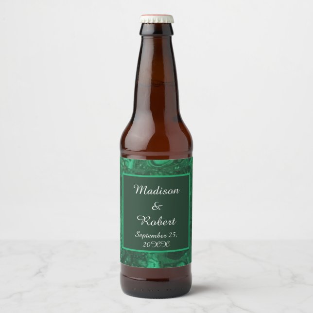 Elegant Wedding Green Marbled Gemstone Beer Bottle Label (Front)