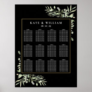 Elegant Wedding Greenery Black Gold Seating Chart