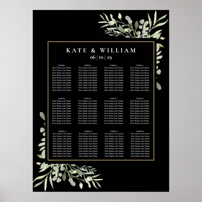 Elegant Wedding Greenery Black Gold Seating Chart (Front)