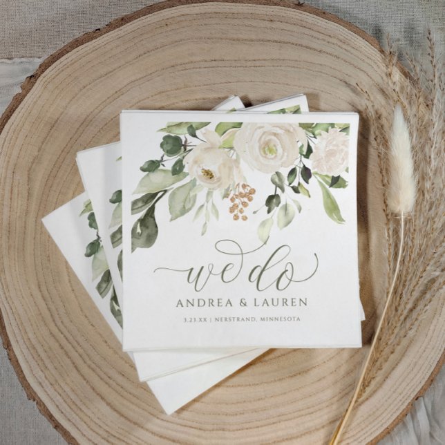 Elegant Wedding Greenery Foliage Cocktail White Napkin (Wedding napkins with greenery and white flowers with the text "we do" personalized names.)