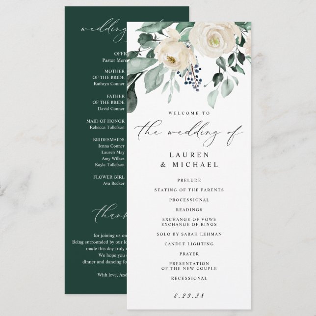 Elegant Wedding Greenery Foliage White Floral Prog Programme (Front/Back)
