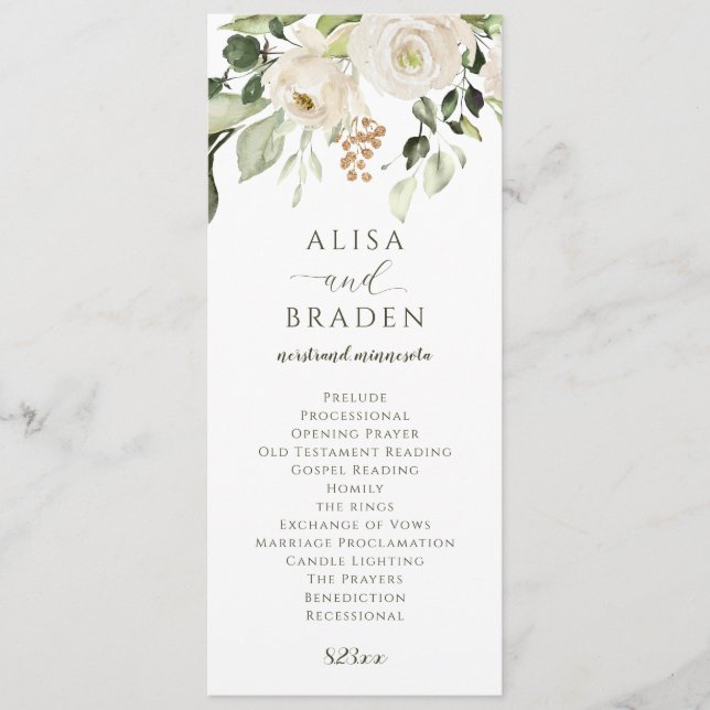 Elegant Wedding Greenery Foliage White Floral Programme (Front)