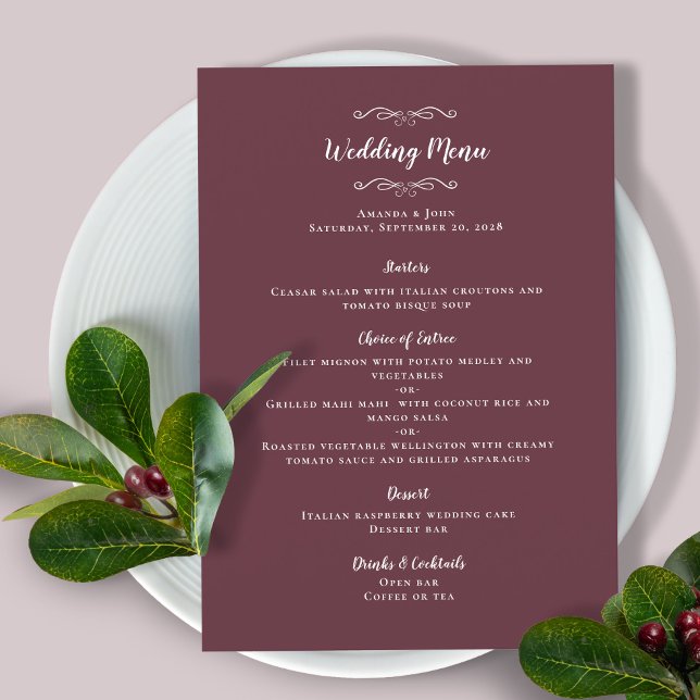 Elegant Wedding Guest Calligraphy Burgundy Dinner Menu (Creator Uploaded)