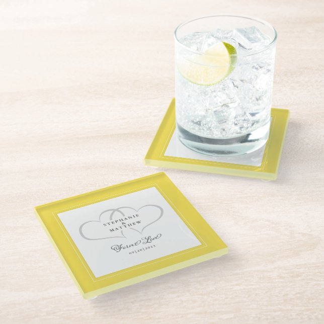 Elegant Wedding Hearts Forever Love Yellow White Glass Coaster (Angled)