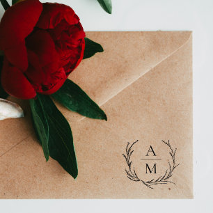 Elegant Wedding Initials Botanical Wreath Rubber Stamp
