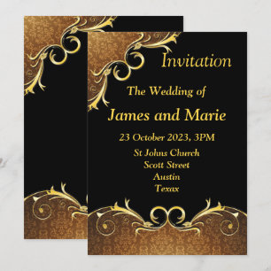 Elegant Wedding Invitation, black and gold scroll Invitation