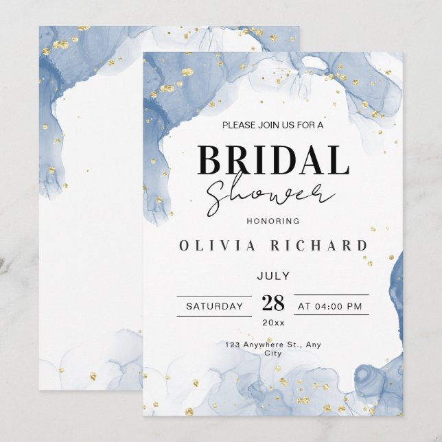 Elegant Wedding Invitation Blue and Gold Minimal (Front/Back)