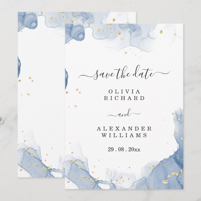 Elegant Wedding Invitation Blue and Gold Minimal (Front/Back)