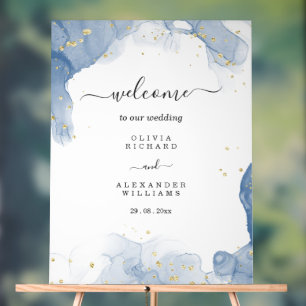 Elegant Wedding Invitation Blue and Gold Minimal Acrylic Sign