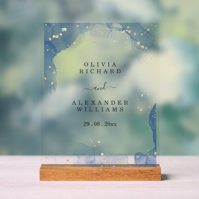 Elegant Wedding Invitation Blue and Gold Minimal Acrylic Sign (Neutral)