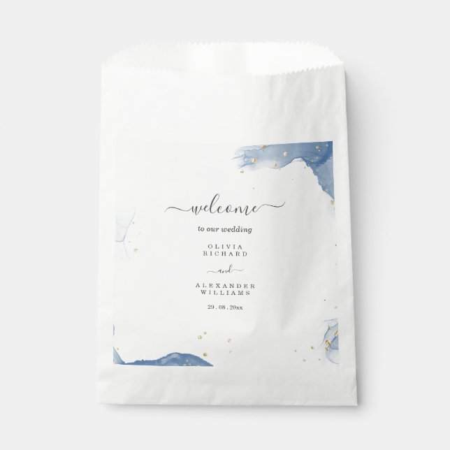 Elegant Wedding Invitation Blue and Gold Minimal Favour Bags (Front)