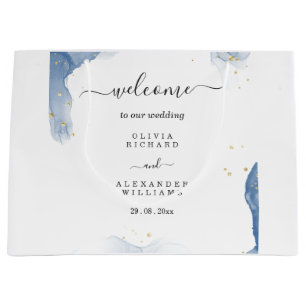 Elegant Wedding Invitation Blue and Gold Minimal Large Gift Bag