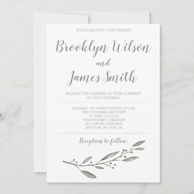 Elegant Wedding Invitation Calligraphy Floral Grey (Front)
