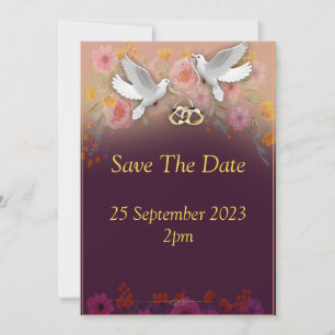 Elegant Wedding Invitation, doves and rings purple Invitation