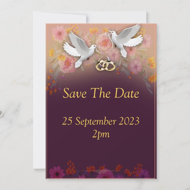 Elegant Wedding Invitation, doves and rings purple Invitation (Back)