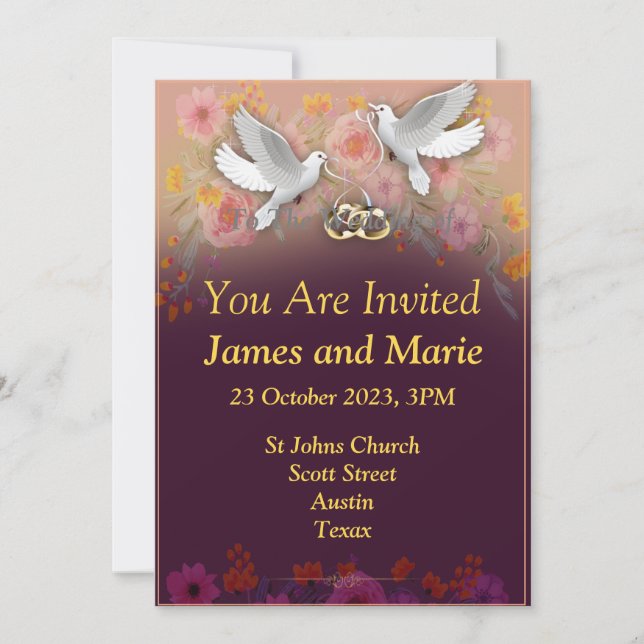 Elegant Wedding Invitation, doves and rings purple Invitation (Front)