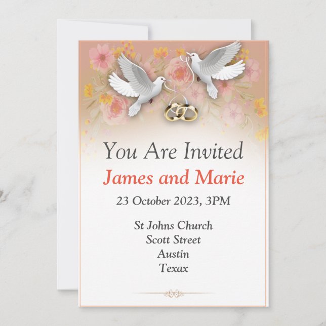 Elegant Wedding Invitation, doves and rings white Invitation (Front)