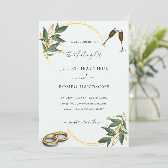 Elegant Wedding Invitation Gold Leaves Rings Toast (Standing Front)