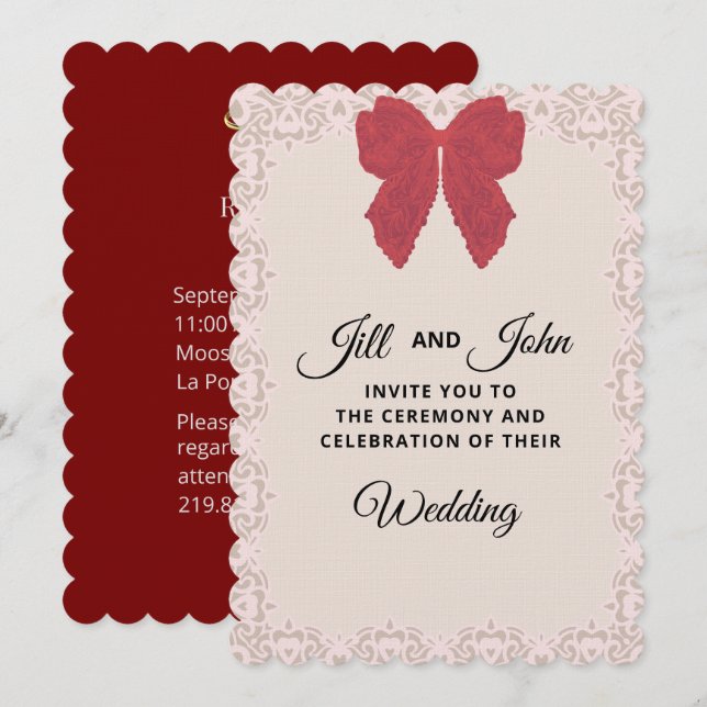 Elegant Wedding Invitation Lace Bow (Front/Back)
