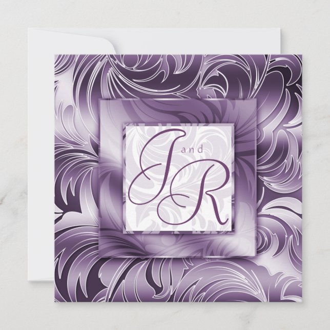 Elegant Wedding Invitation Leaf Floral Purple Silv (Front)