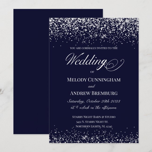 Elegant Wedding Invitation; Navy with Diamond Dust Invitation (Front/Back)