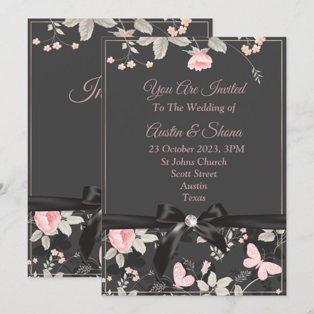 Elegant Wedding Invitation, pink, bow, marble Invitation (Front/Back)