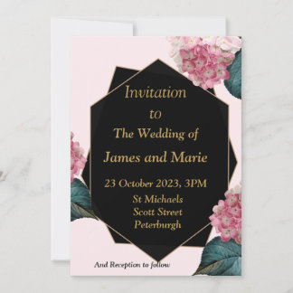 Elegant Wedding Invitation, pink flowers, black Invitation