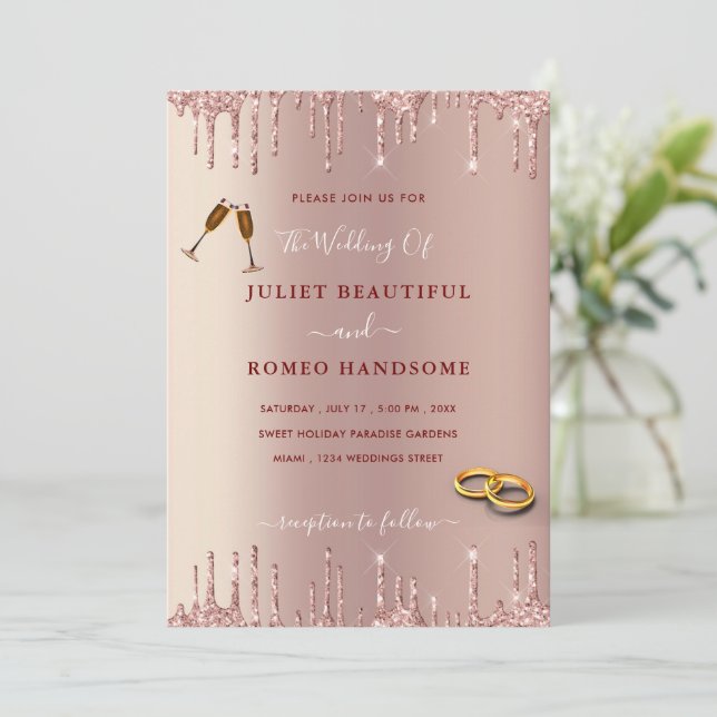 Elegant Wedding Invitation Rose Gold Blush Glitter (Standing Front)