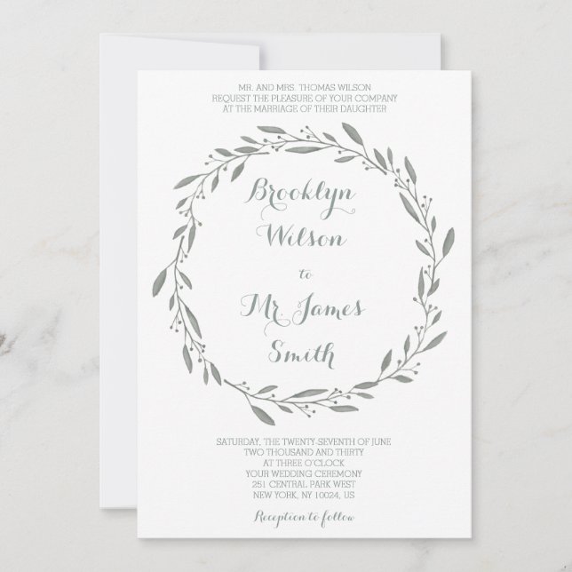 Elegant Wedding Invitation Sage Floral Wreath (Front)