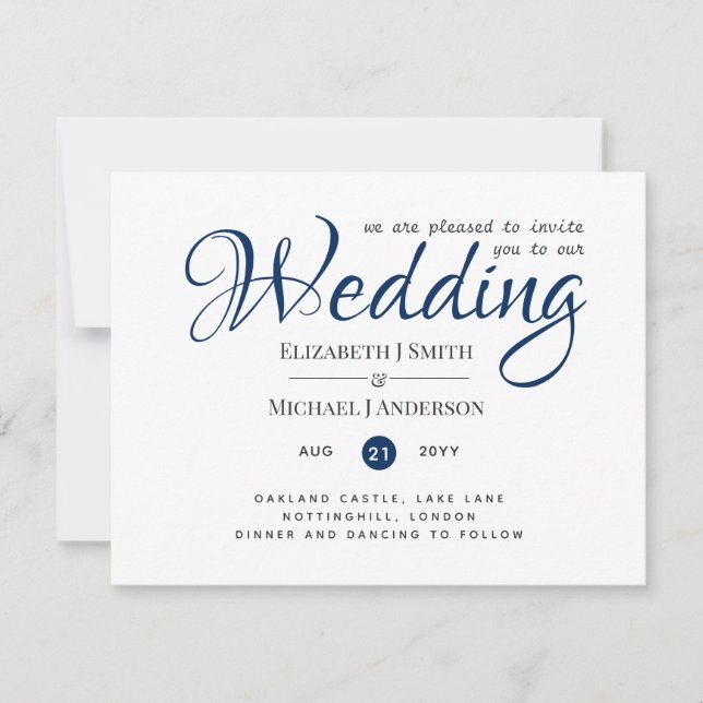 Elegant Wedding Invitation Simple Navy Blue White (Front)