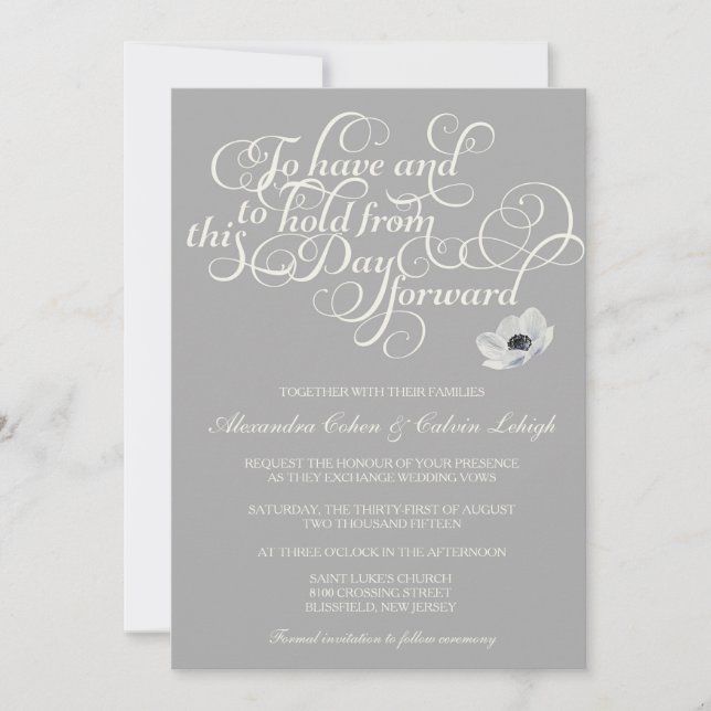 Elegant Wedding Invitation with Anemone, grey (Front)
