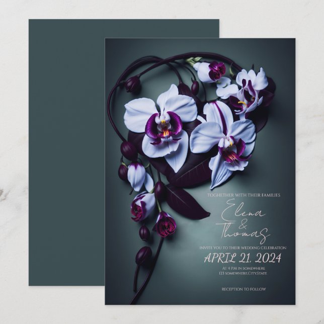 Elegant wedding invitation with Dark Purple Orchid (Front/Back)