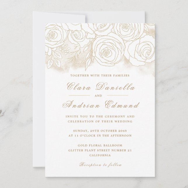 Elegant  Wedding Invitation  with Gold Roses (Front)