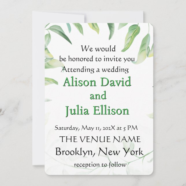 Elegant wedding invitation with green leaves (Front)
