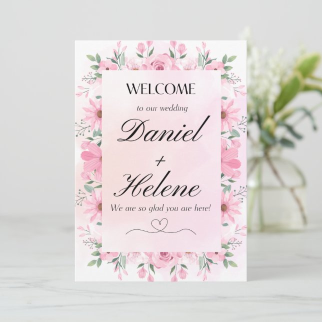 Elegant wedding invitation with pink flowers (Standing Front)