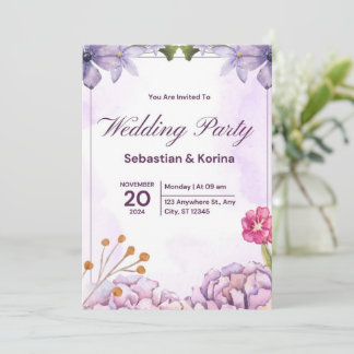 Elegant wedding invitation with purple flowers