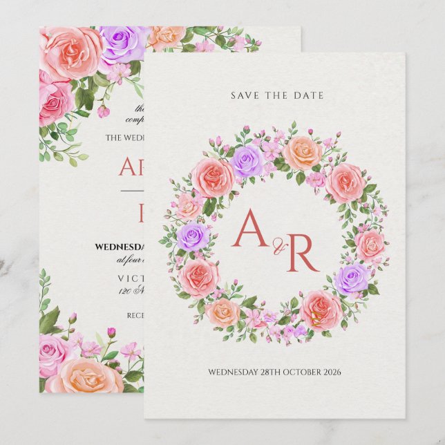 Elegant wedding invitations featuring rose motifs (Front/Back)